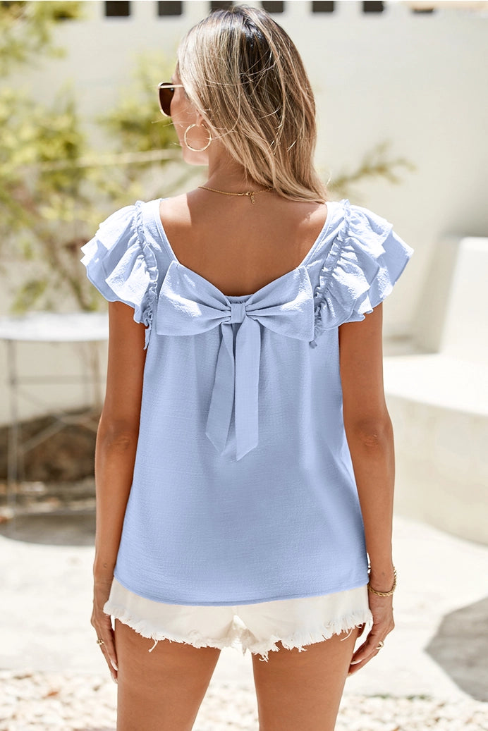 Textured Bow Knot Frilled Butterfly Sleeve Blouse