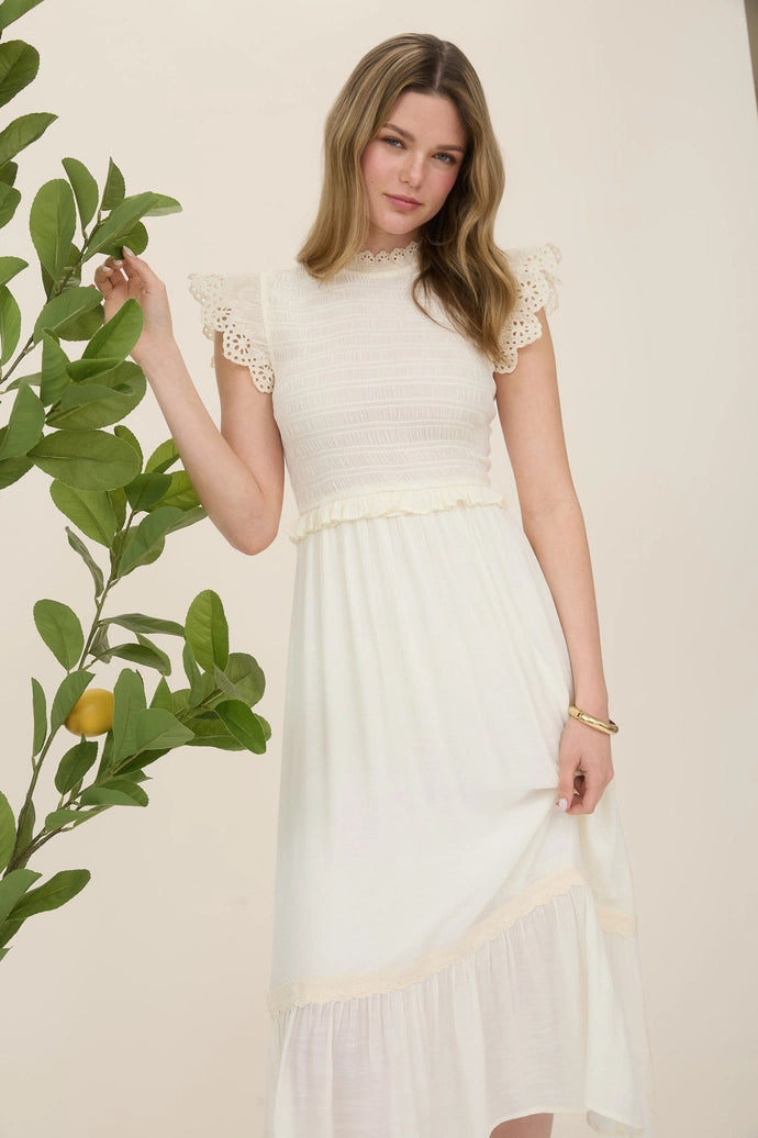 Smocked Eyelet Trim Ruffle Detail Midi Dress