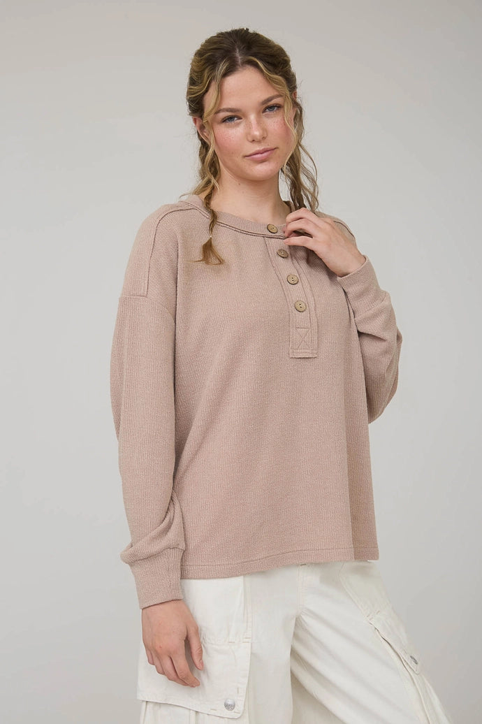 Ribbed Henley Long Sleeve Knit Top