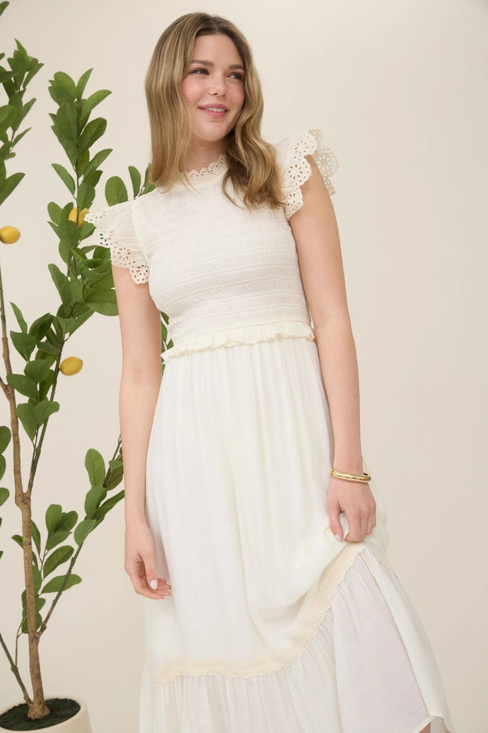 Smocked Eyelet Trim Ruffle Detail Midi Dress