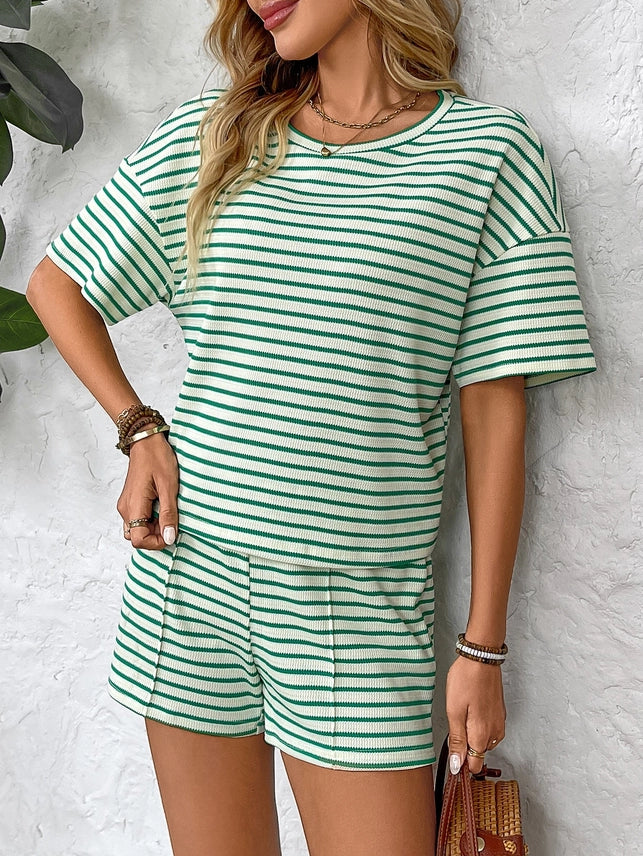 Stripe Knit Top and Shorts Lounge Set
