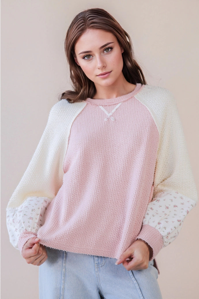 Raglan Sleeve Color Block Casual Textured Knit Top