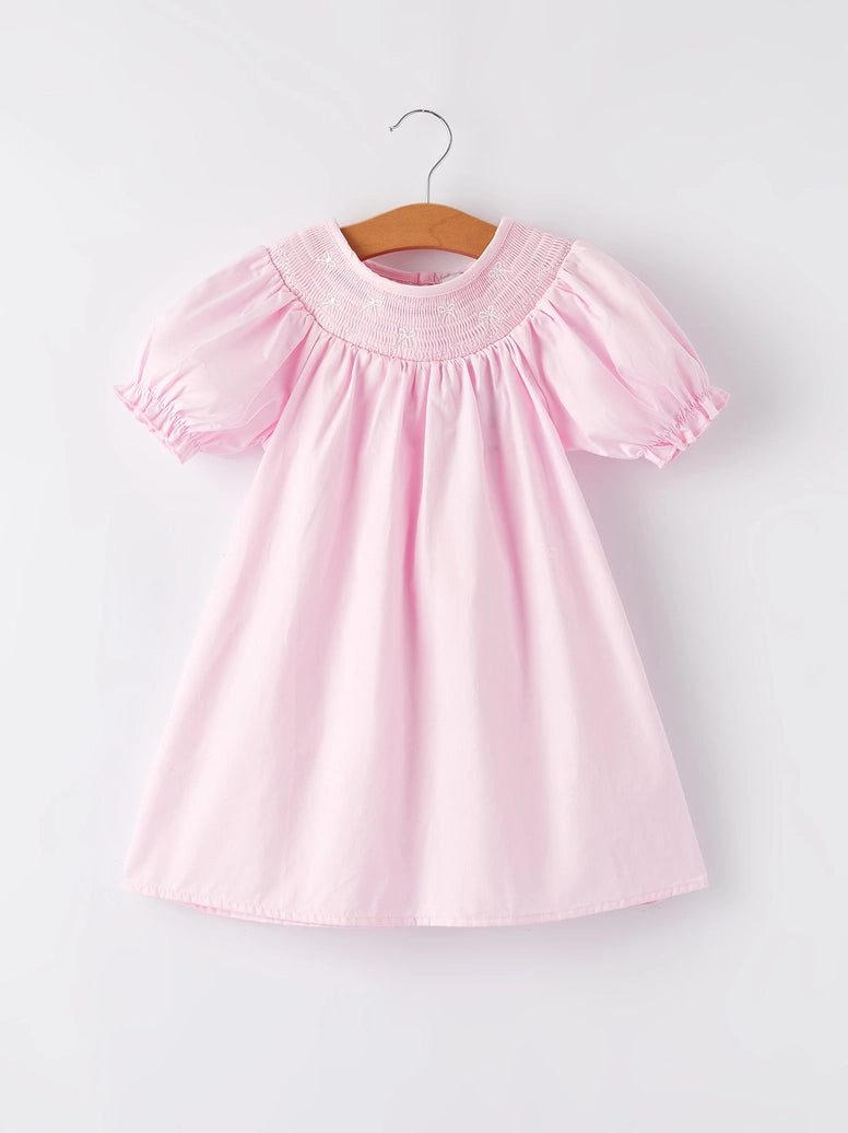 White Bow Smock Embroidered Pink Dress