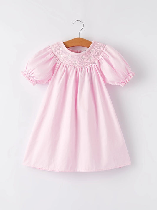 White Bow Smock Embroidered Pink Dress
