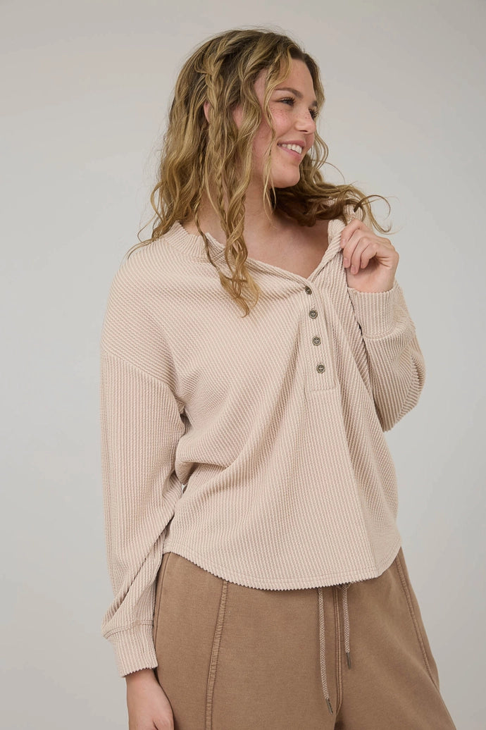 Washed Ribbed Long Sleeve Henley Knit Top