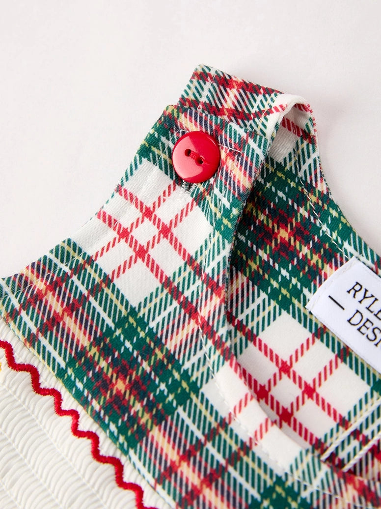 Christmas Jonjon Plaid Smocking Embroidered Boys Romper