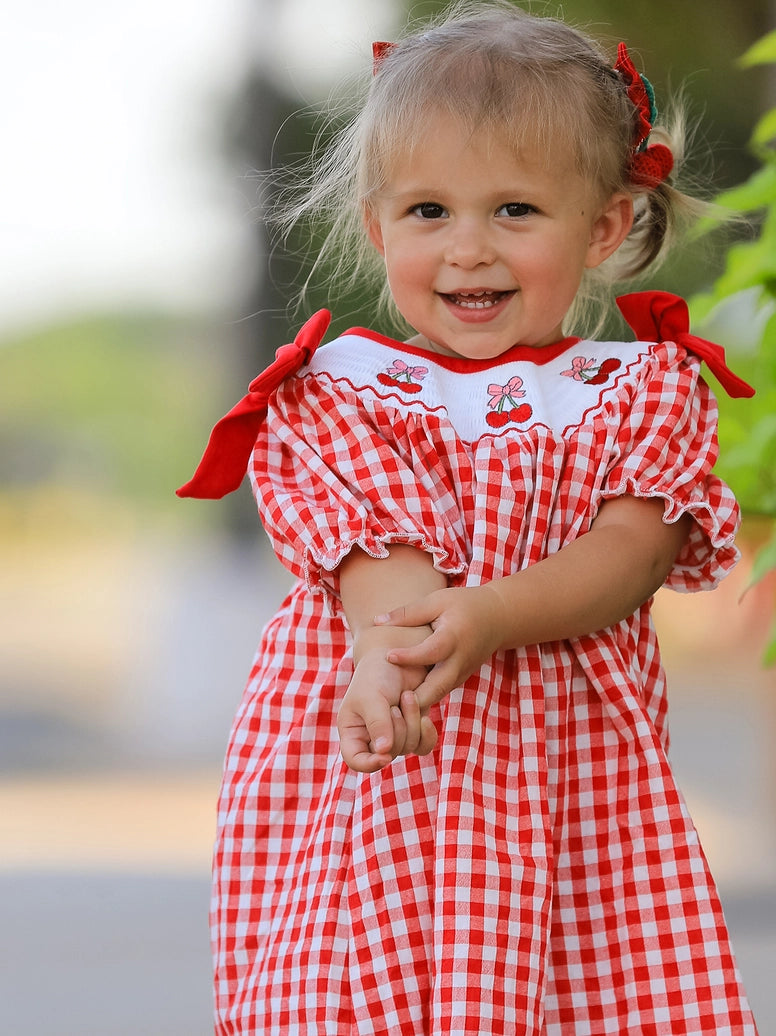Cherry Bow Plaid Smocking Embroidery Girls' Dress
