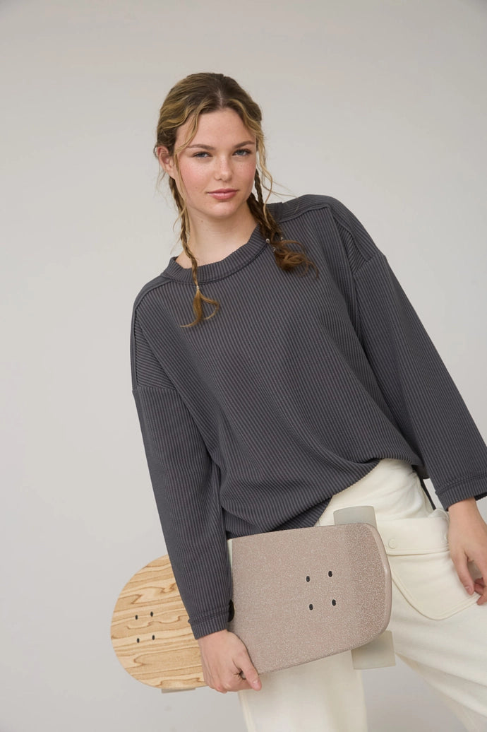 Crew Neck Ribbed Long Sleeve Knit Top