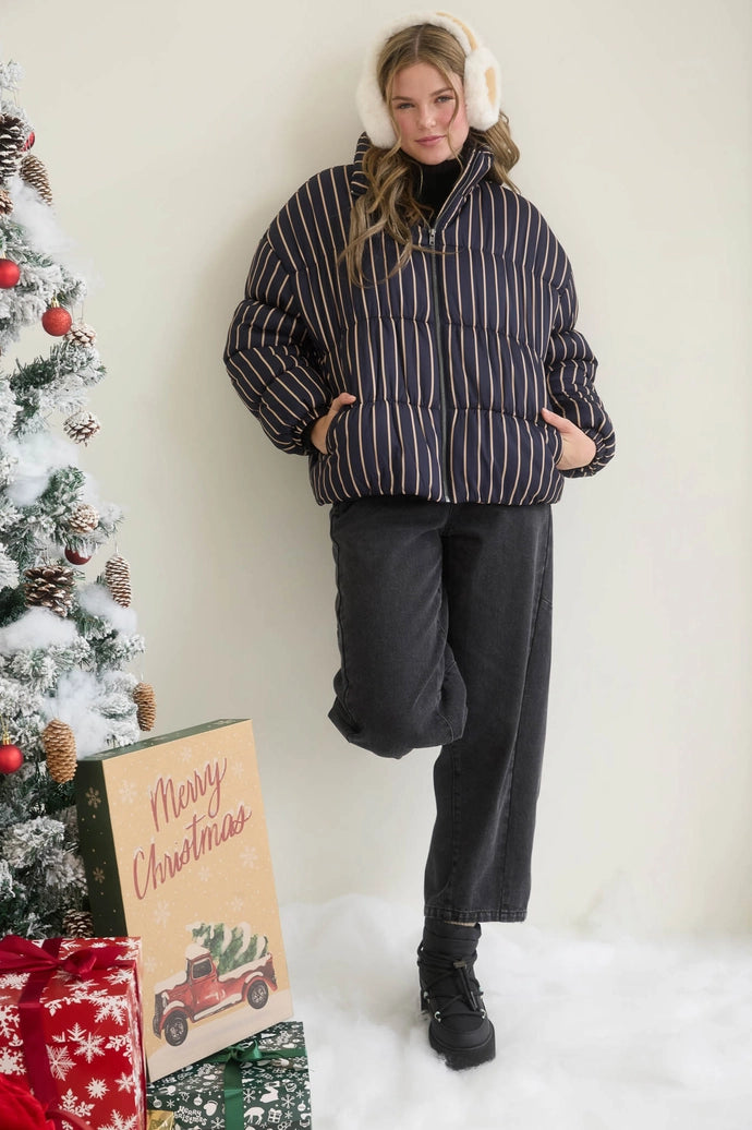 Striped High Neck Puffer Jacket