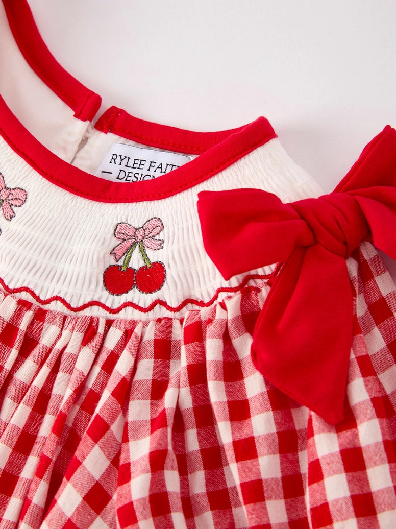 Cherry Bow Plaid Smocking Embroidery Girls' Dress