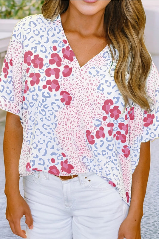 Mixed Leopard Print V Neck Short Sleeve Blouse