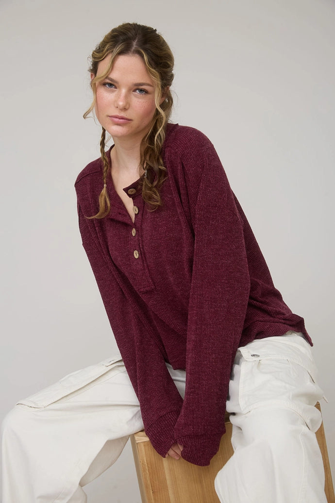 Ribbed Henley Long Sleeve Knit Top