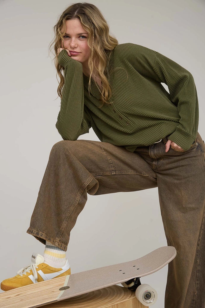 Washed Ribbed Long Sleeve Henley Knit Top