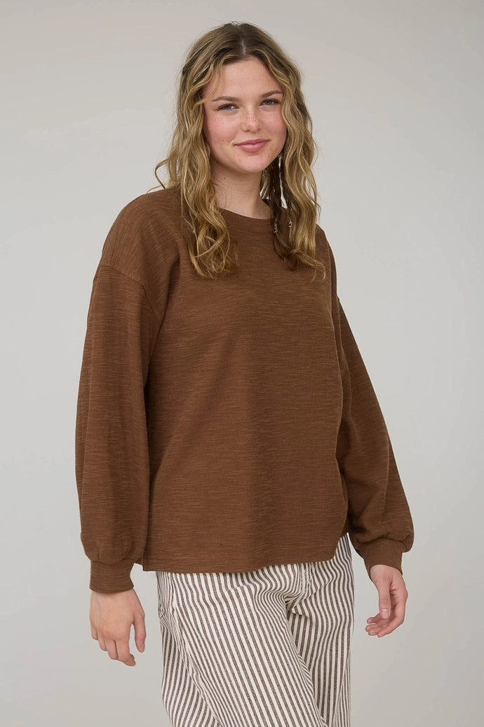 Round Neck Drop Shoulder Raw Edge Marled Knit Top