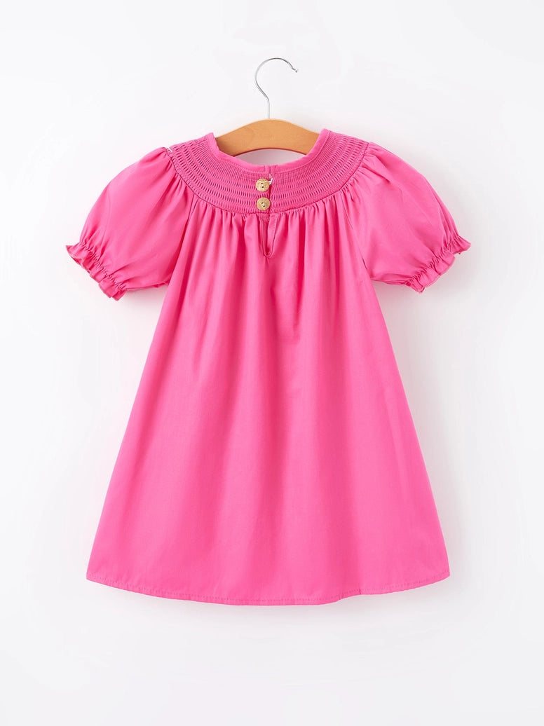 Girls Bow Smocking Embroidery Hot Pink Dress