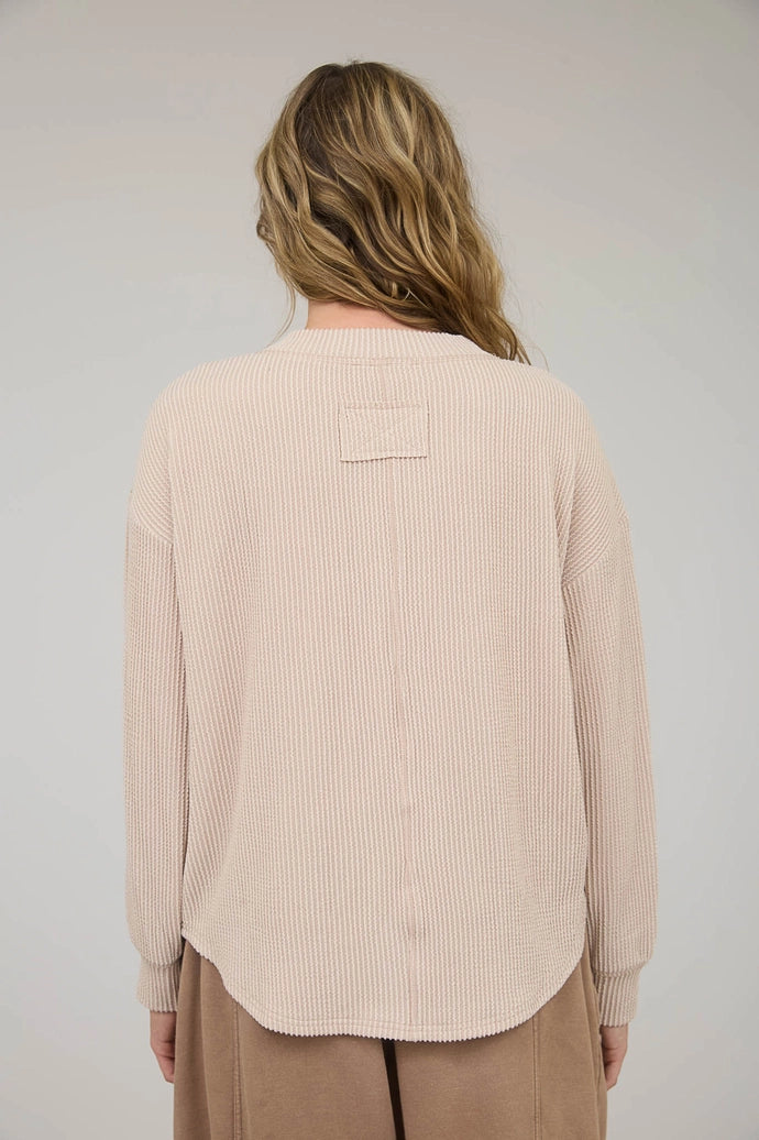 Washed Ribbed Long Sleeve Henley Knit Top