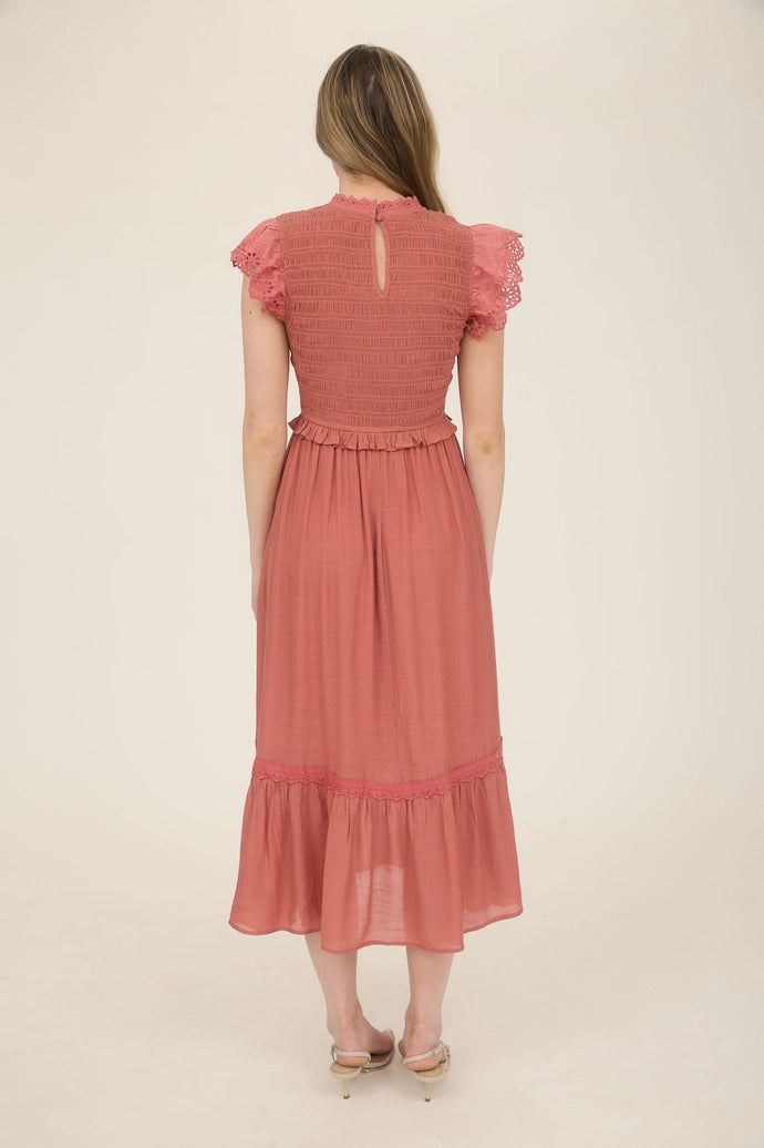 Smocked Eyelet Trim Ruffle Detail Midi Dress
