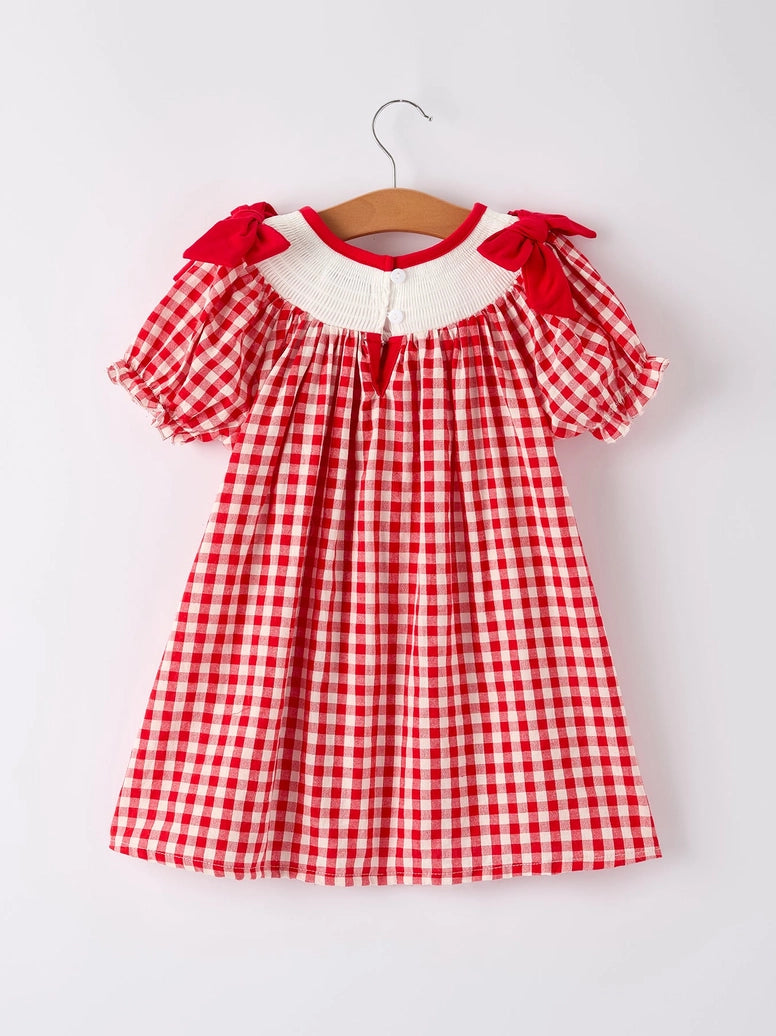 Cherry Bow Plaid Smocking Embroidery Girls' Dress