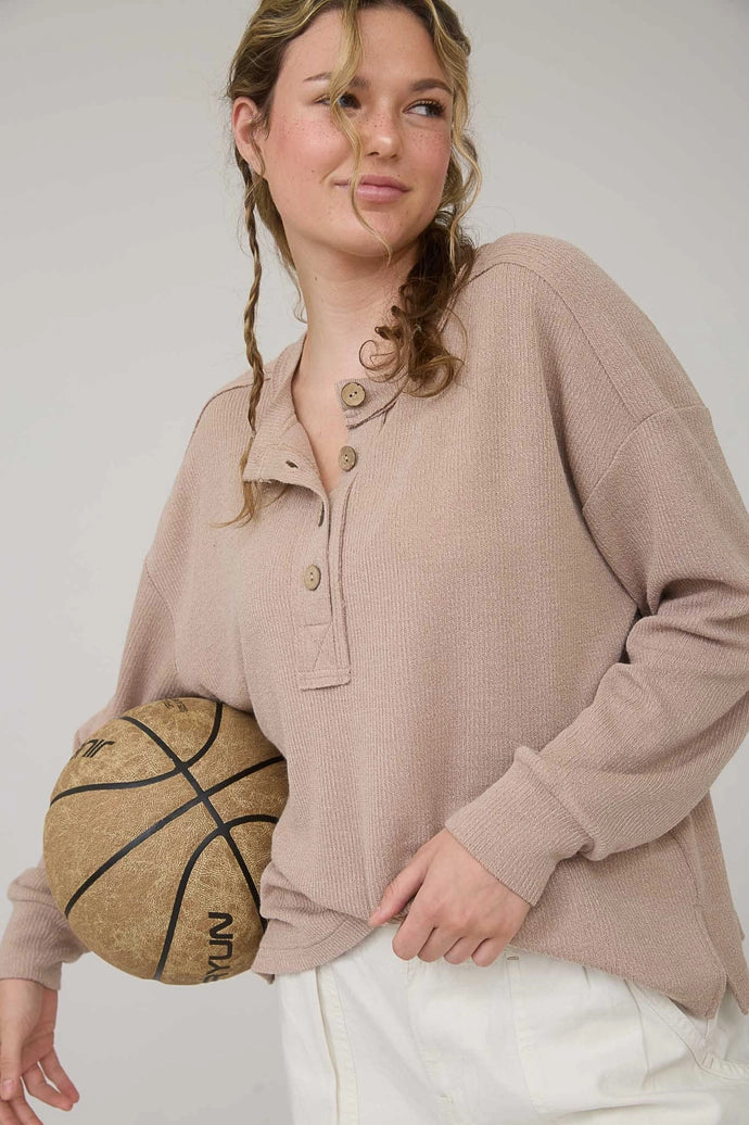 Ribbed Henley Long Sleeve Knit Top