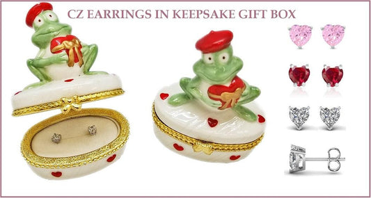 Pink Heart CZ Earrings with Frog Prince Charming Gift Box