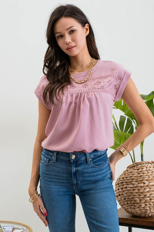Floral Eyelet Lace Trim Back Button Top
