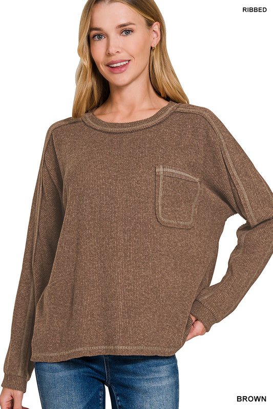 Brushed Ribbed Hacci Round Neck Sweater