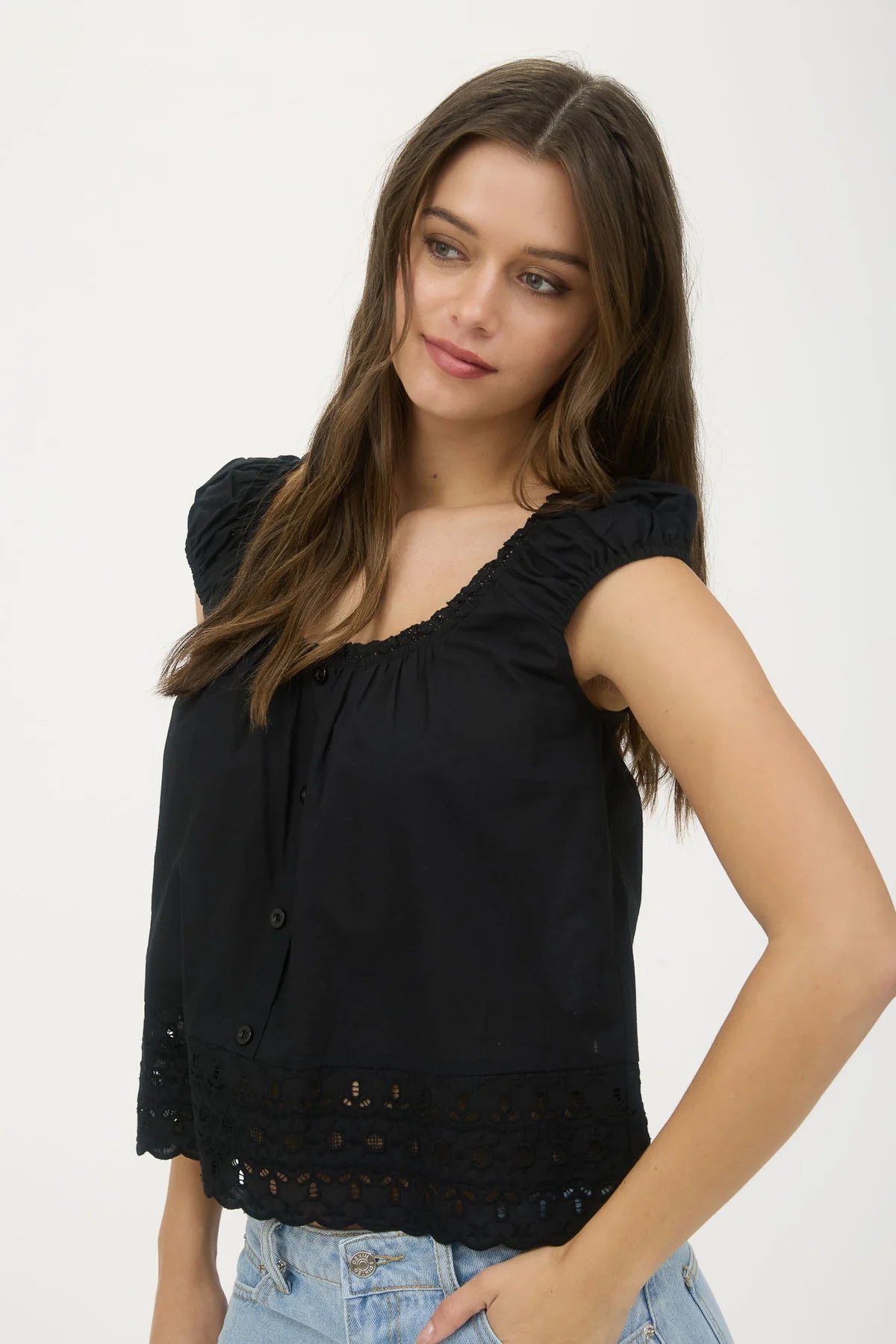Eyelet Lace Trim Short Sleeve Button Down Blouse