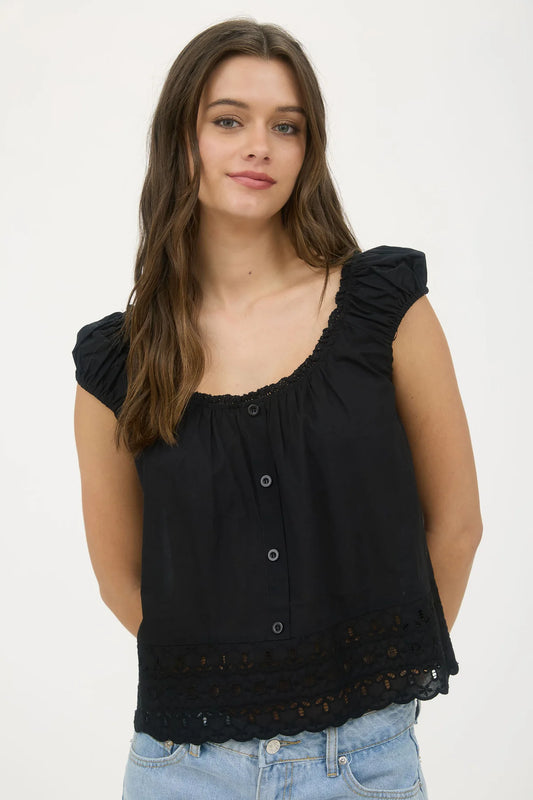 Eyelet Lace Trim Short Sleeve Button Down Blouse