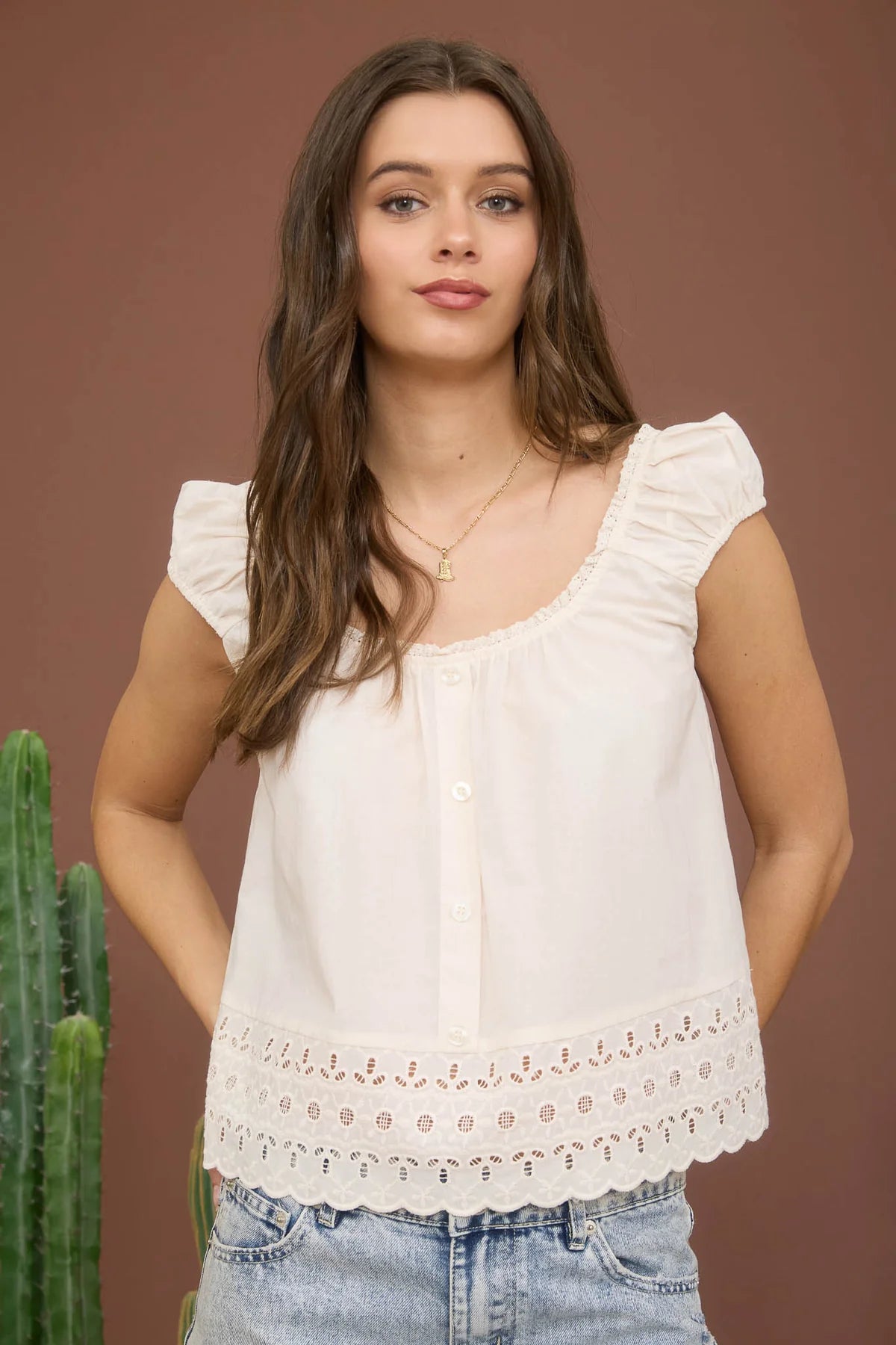 Eyelet Lace Trim Short Sleeve Button Down Blouse