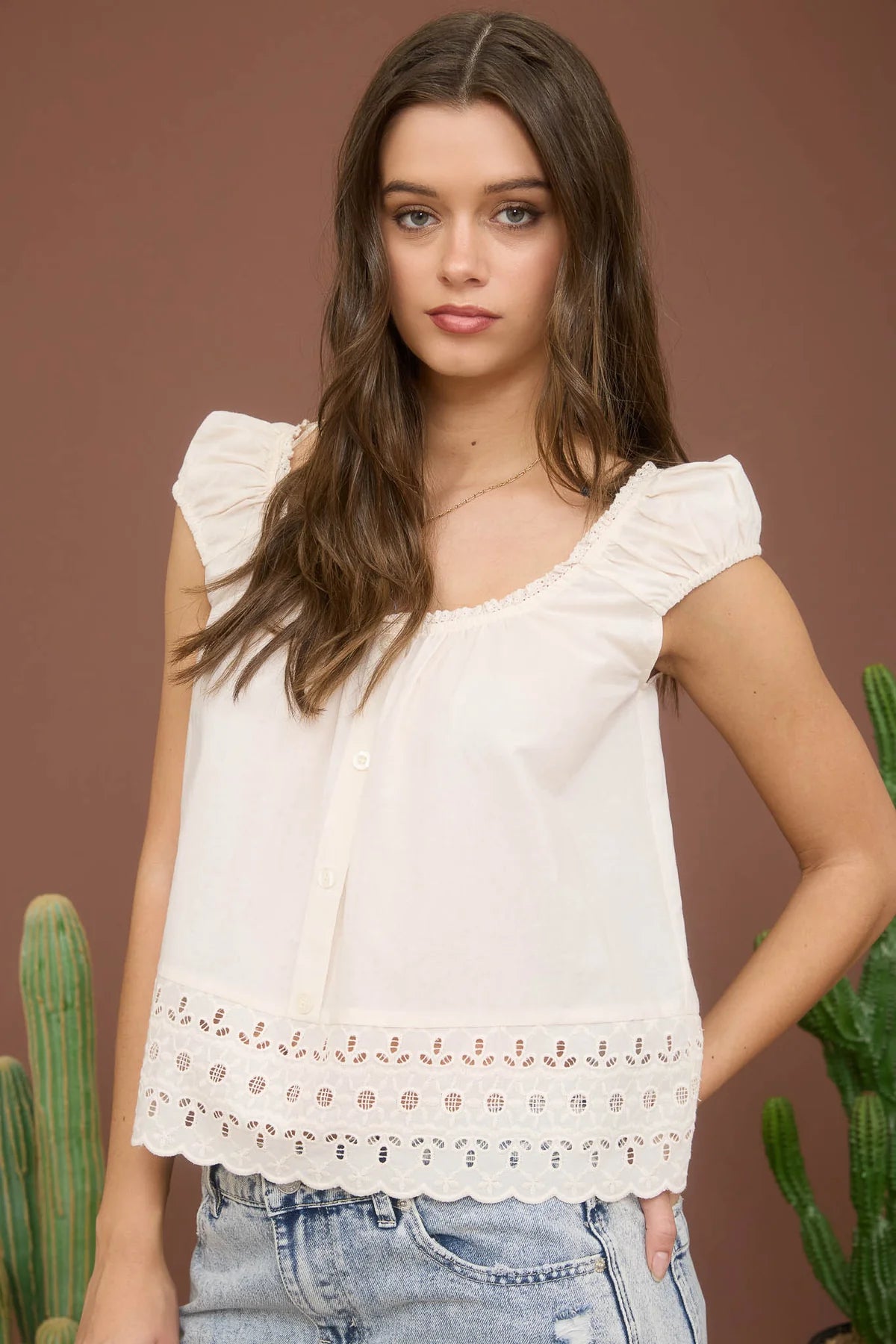 Eyelet Lace Trim Short Sleeve Button Down Blouse