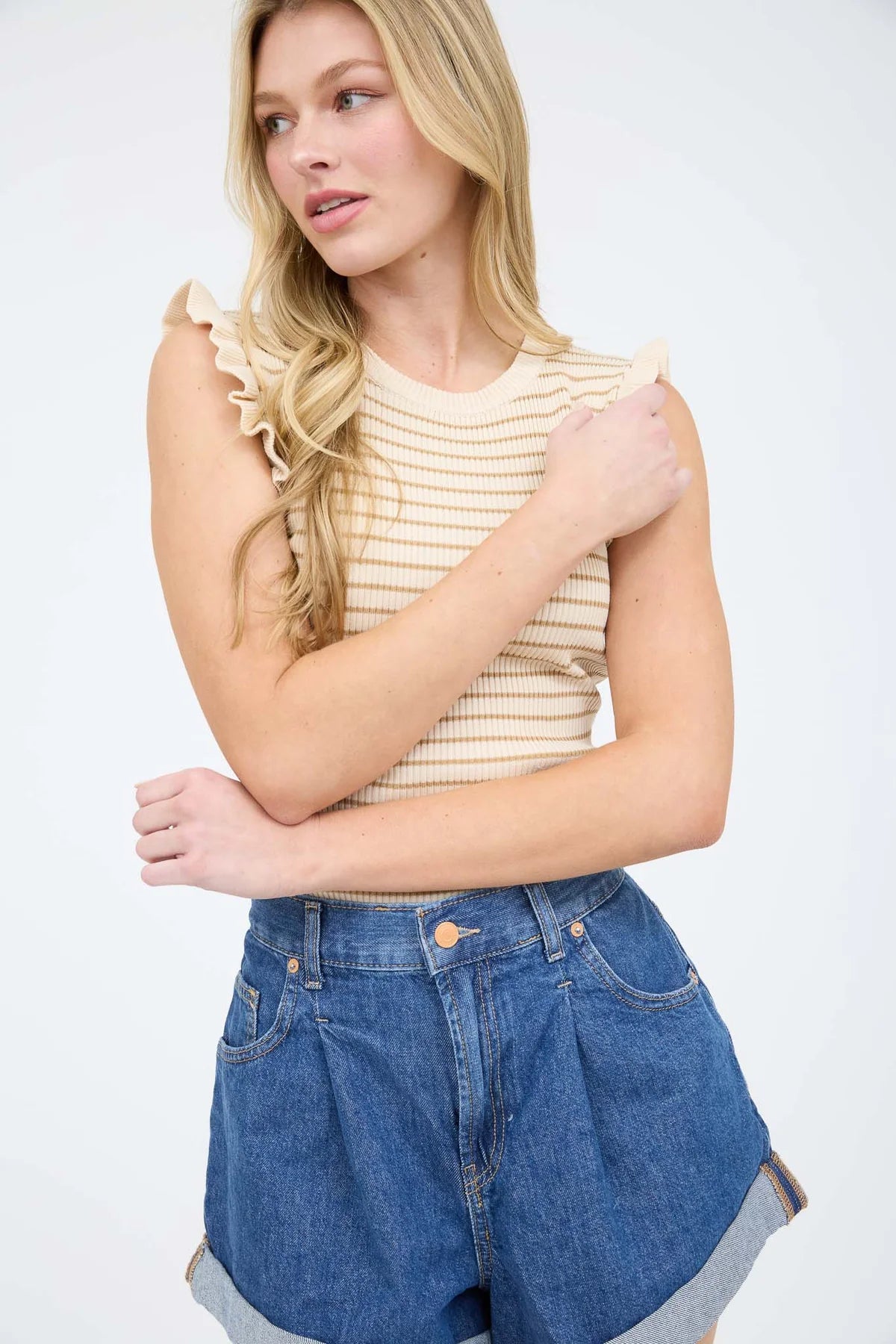 Stripe Ruffle Trim Sleeveless Pullover Sweater