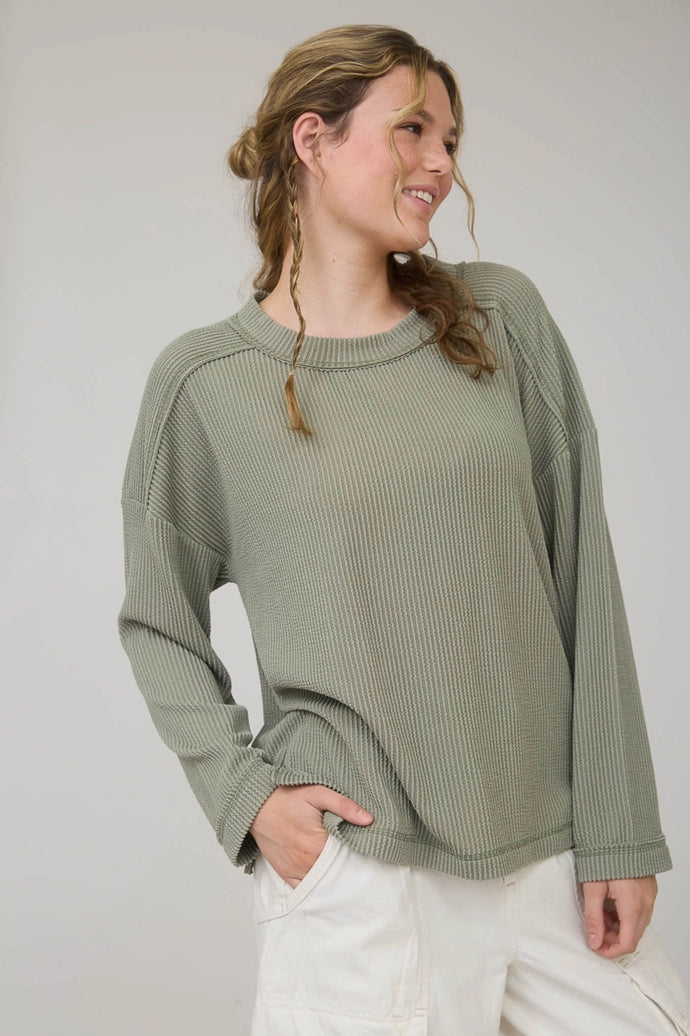 Crew Neck Ribbed Long Sleeve Knit Top