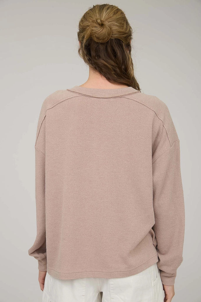 Ribbed Henley Long Sleeve Knit Top