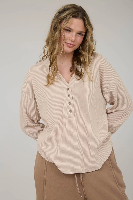 Washed Ribbed Long Sleeve Henley Knit Top