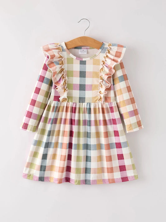 Fall Thanksgiving Plaid Long Sleeve Girls Dress