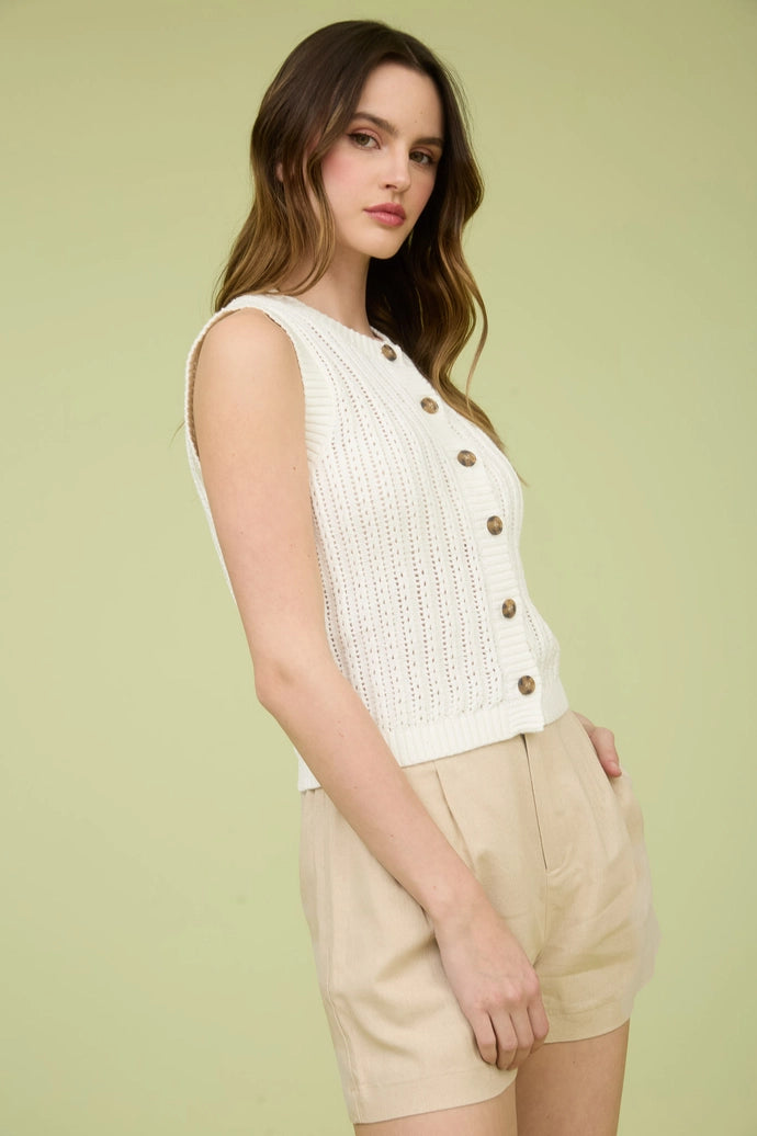 Crew Neck Button Down Sleeveless Knit Cardigan