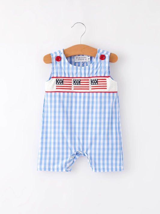 4th of July Flag Embroidery Smocking Boys Romper
