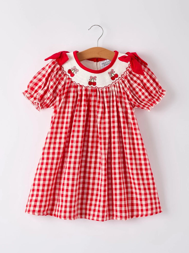 Cherry Bow Plaid Smocking Embroidery Girls' Dress