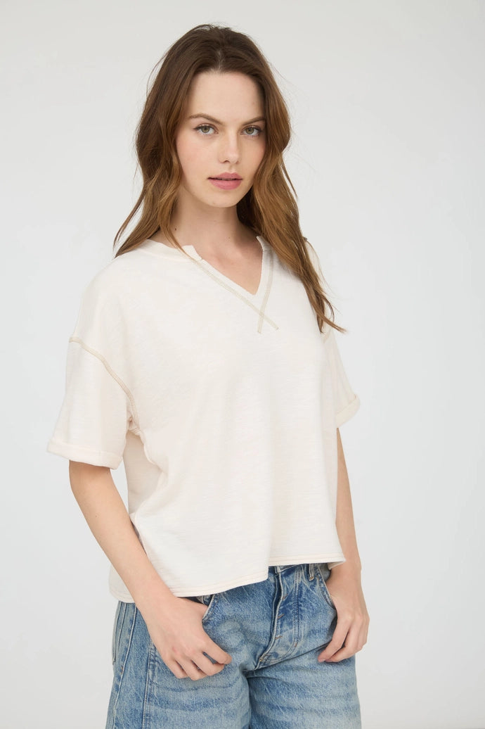Contrast Stitch Drop Shoulder Cuff Sleeve Knit Top