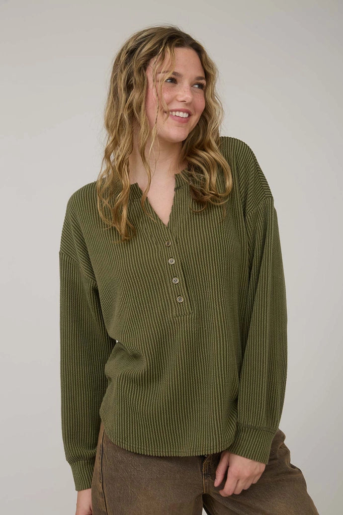 Washed Ribbed Long Sleeve Henley Knit Top