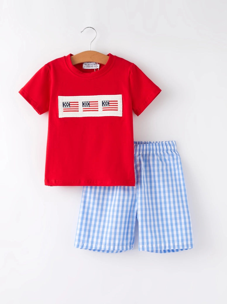 4th of July Flag Embroidery Smocking Boys Set