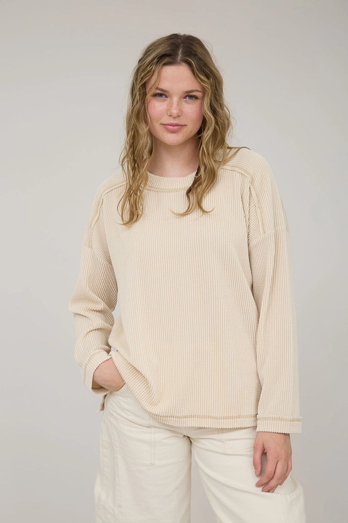Crew Neck Ribbed Long Sleeve Knit Top