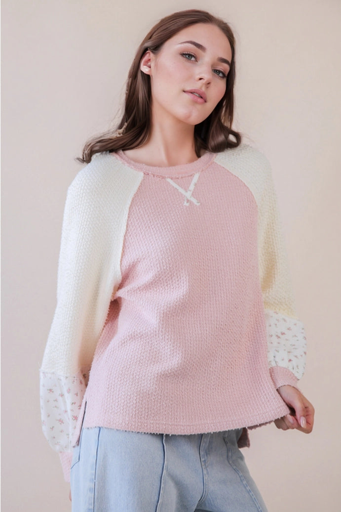 Raglan Sleeve Color Block Casual Textured Knit Top
