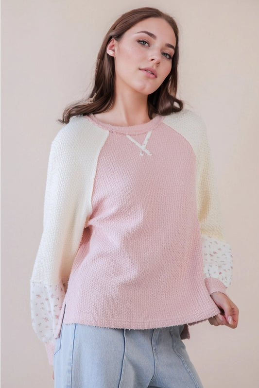 Raglan Sleeve Color Block Casual Textured Knit Top