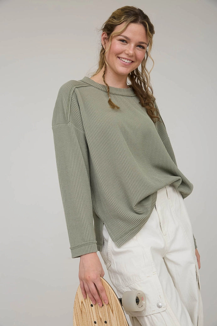 Crew Neck Ribbed Long Sleeve Knit Top