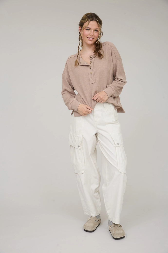 Ribbed Henley Long Sleeve Knit Top